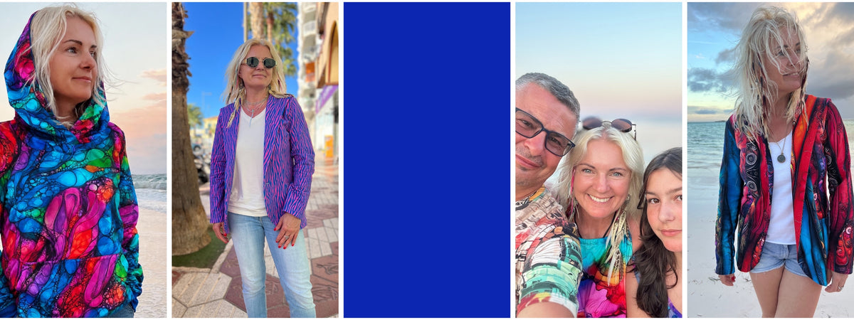 Kobieta w kolorowej bluzie z kapturem w autorski wzór Inspiracja, na plaży o zachodzie słońca
