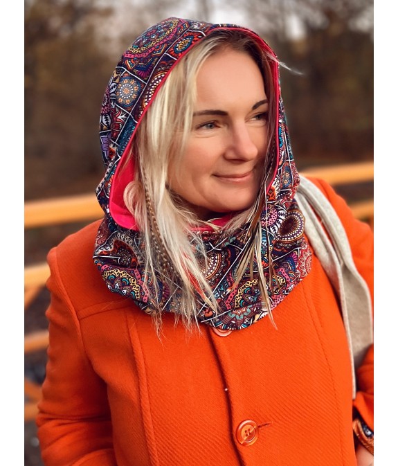 Komin z kapturem kominokaptur dwustronny Mandala/fuksja