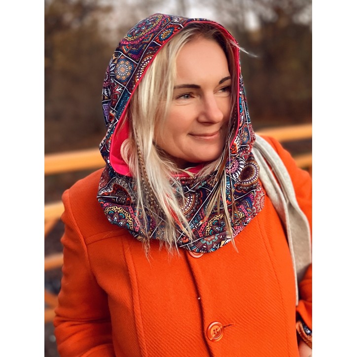 Komin z kapturem kominokaptur dwustronny Mandala/fuksja Komin z kapturem kominokaptur dwustronny Mandala/fuksja